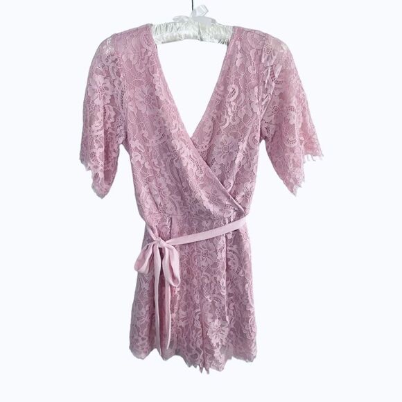 Francesca’s Lace Overlay Pink Floral Wrap Babydoll Mini Dress Women’s Small - Picture 1 of 10
